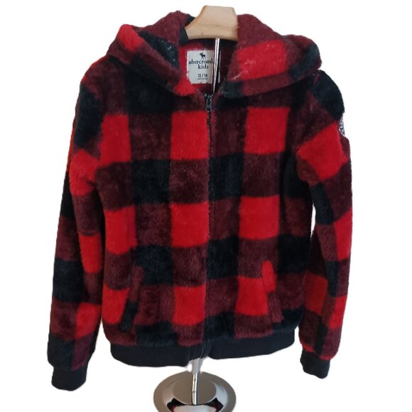 Abercrombie Kids Furry Full Zip Hoodie Red Black Buffalo Plaid Girls 13/14 EUC - Picture 2 of 16